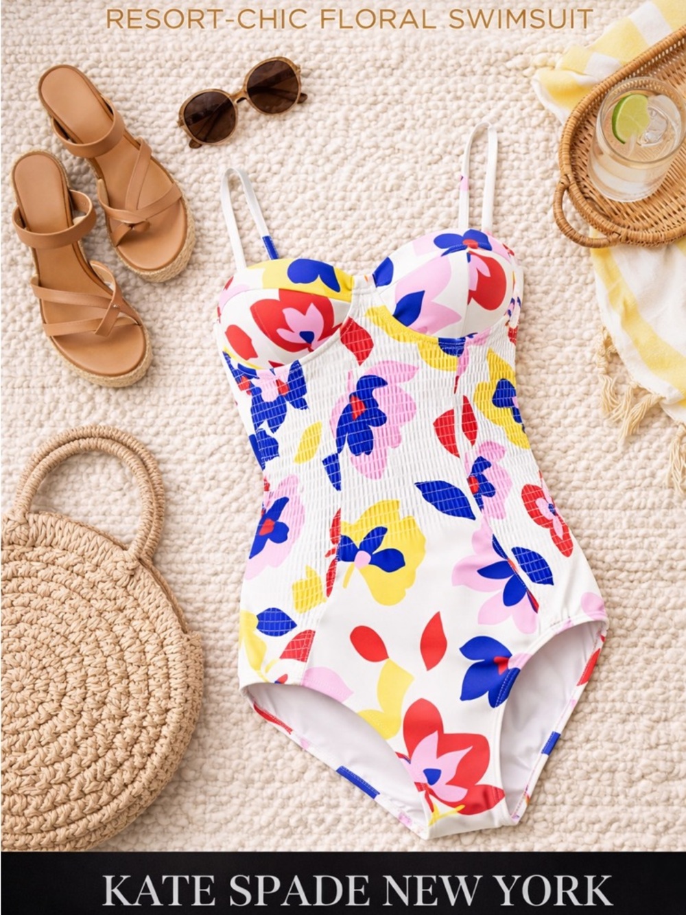 Kate Spade Floral One Piece Swimsuit S NWT Underwire Smocked Cutout